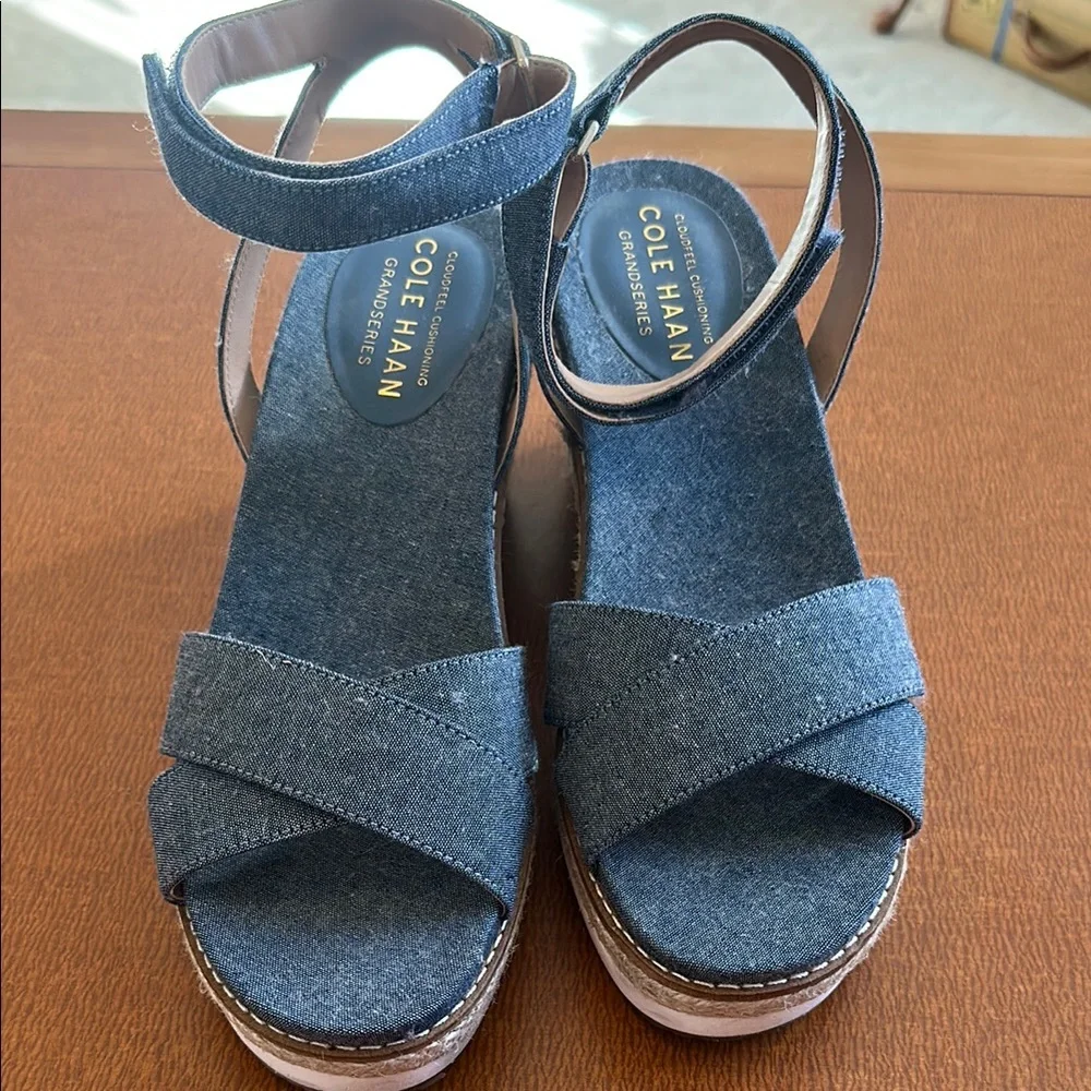 Cole Haan Denim-Look Blue Espadrille Wedge Sandals